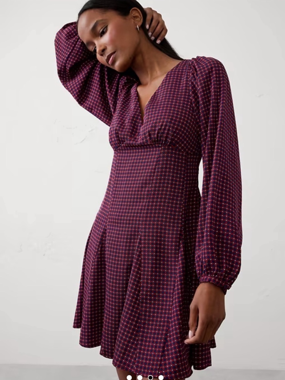 Banana Republic Plum Moden Patterned Long Puff Sleeve V-Neck Mini Dress
